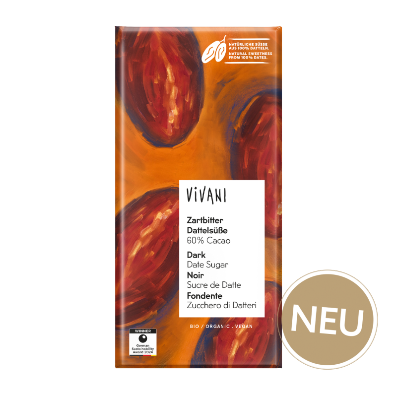 Vivani Ciocolată neagră cu dulceață de curmale 60% cacao | produs vegan | dulceață naturală din 100% curmale