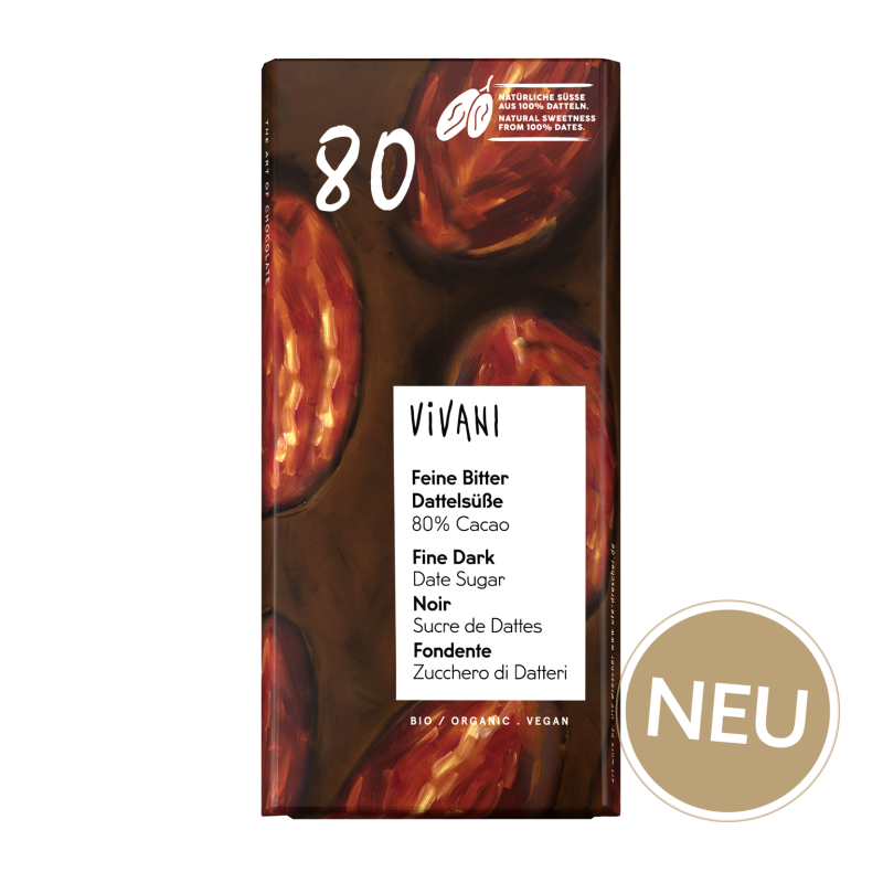 Vivani Ciocolată neagră cu dulceață de curmale 80% cacao | produs vegan | dulceață naturală din 100% curmale