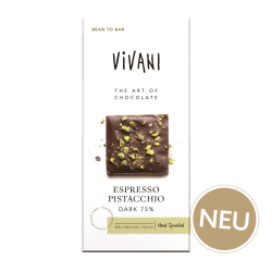 Vivani Espresso Fistachio 75% cacao | zahăr din flori de cocos  produs vegan