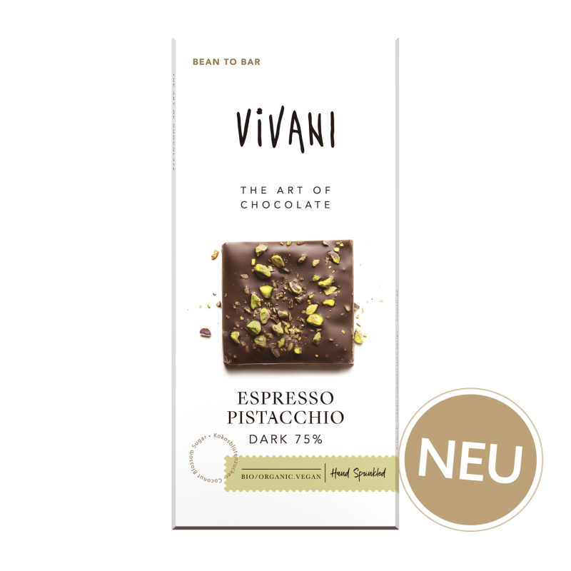 Vivani Espresso Fistachio 75% cacao | zahăr din flori de cocos  produs vegan