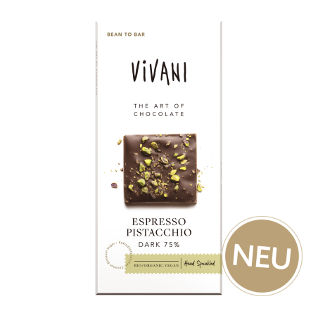 Vivani Espresso Fistachio 75% cacao | zahăr din flori de cocos  produs vegan